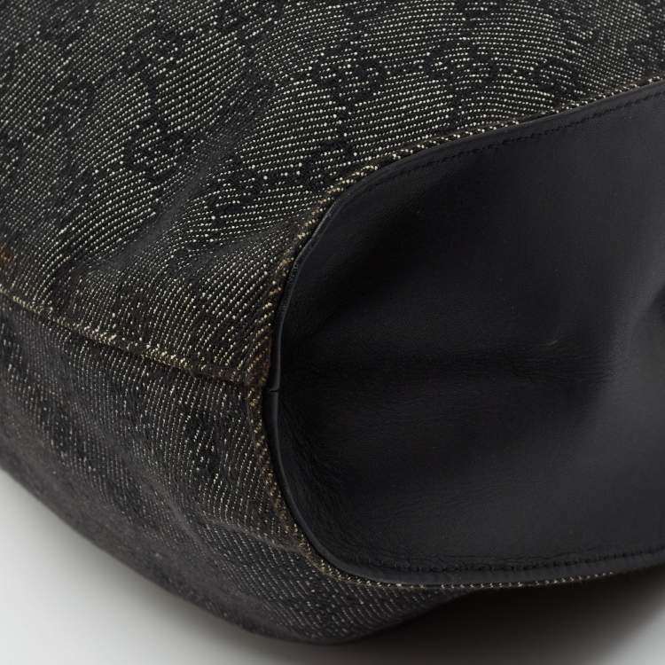 Pre Owned Gucci Black/Grey GG Denim and Leather Hobo
