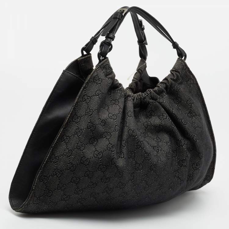 Pre Owned Gucci Black/Grey GG Denim and Leather Hobo