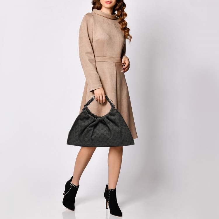 Pre Owned Gucci Black/Grey GG Denim and Leather Hobo