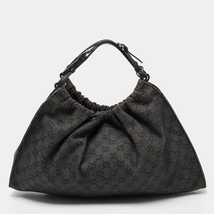 Pre Owned Gucci Black/Grey GG Denim and Leather Hobo