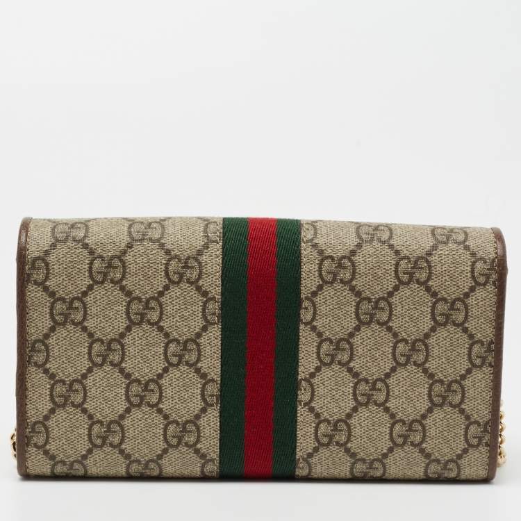 Pre Owned Gucci Beige/Brown GG Supreme Canvas and Leather Ophidia Web Wallet on Chain