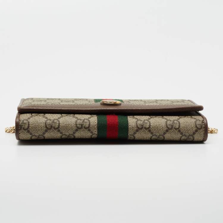 Pre Owned Gucci Beige/Brown GG Supreme Canvas and Leather Ophidia Web Wallet on Chain