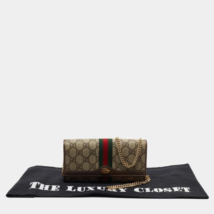 Pre Owned Gucci Beige/Brown GG Supreme Canvas and Leather Ophidia Web Wallet on Chain