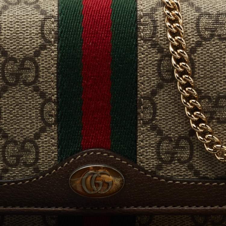 Pre Owned Gucci Beige/Brown GG Supreme Canvas and Leather Ophidia Web Wallet on Chain