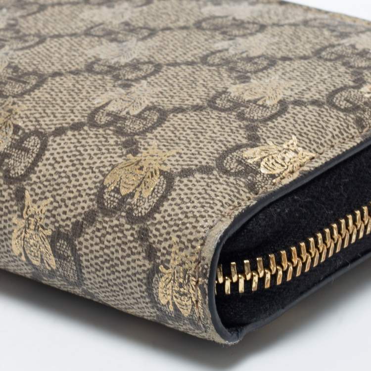 Pre Owned Gucci Beige/Brown GG Supreme Canvas Bee Zip Around Wallet