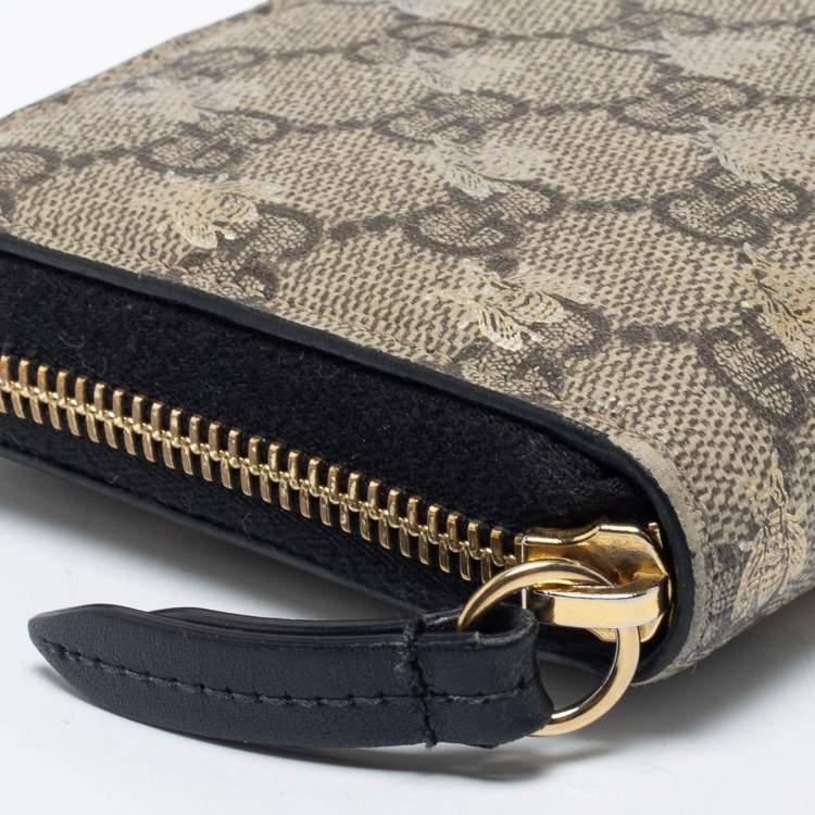 Pre Owned Gucci Beige/Brown GG Supreme Canvas Bee Zip Around Wallet