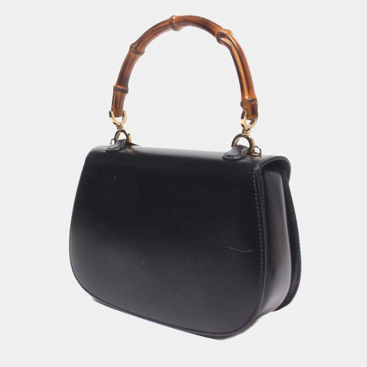 Pre Owned Gucci Black Leather Bamboo Top Handle Bag 