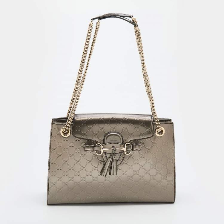 مملوكة مسبقًا Gucci Dark Olive Guccissima Patent Leather Large Emily Chain Shoulder Bag