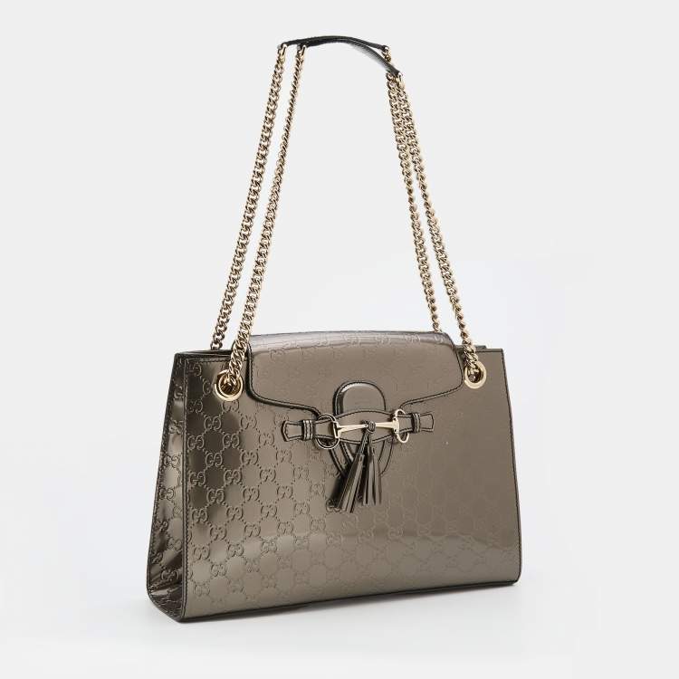مملوكة مسبقًا Gucci Dark Olive Guccissima Patent Leather Large Emily Chain Shoulder Bag