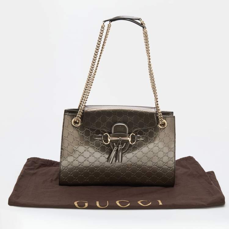 مملوكة مسبقًا Gucci Dark Olive Guccissima Patent Leather Large Emily Chain Shoulder Bag