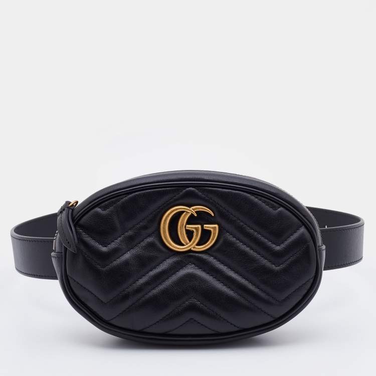 Pre Owned Gucci Black Matelassé Leather GG Marmont Belt Bag