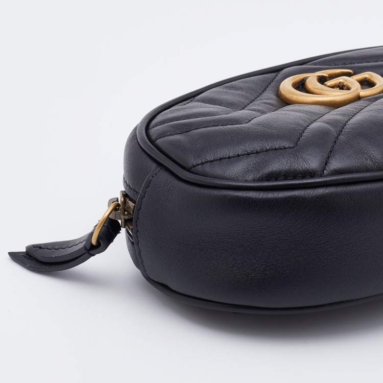 Pre Owned Gucci Black Matelassé Leather GG Marmont Belt Bag