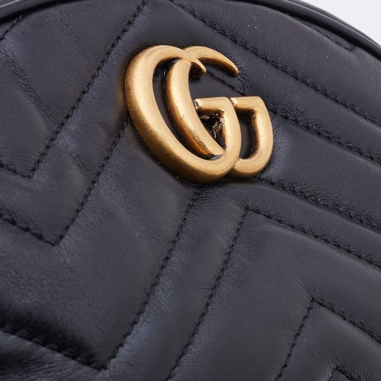 Pre Owned Gucci Black Matelassé Leather GG Marmont Belt Bag