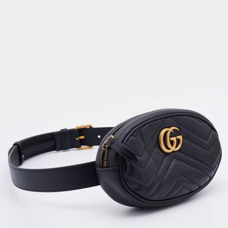Pre Owned Gucci Black Matelassé Leather GG Marmont Belt Bag