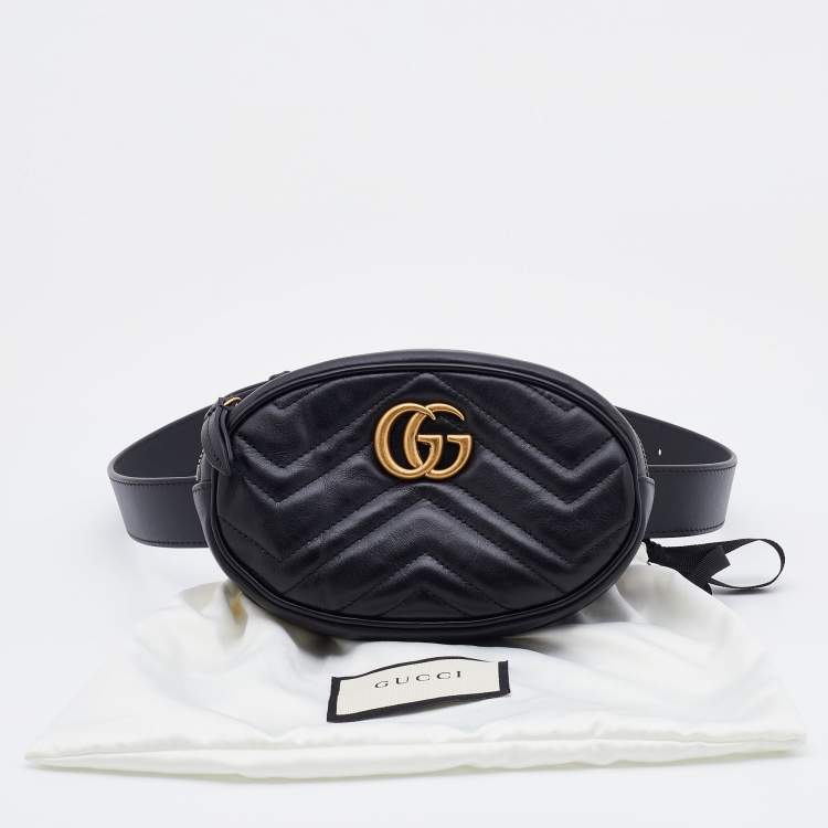 Pre Owned Gucci Black Matelassé Leather GG Marmont Belt Bag