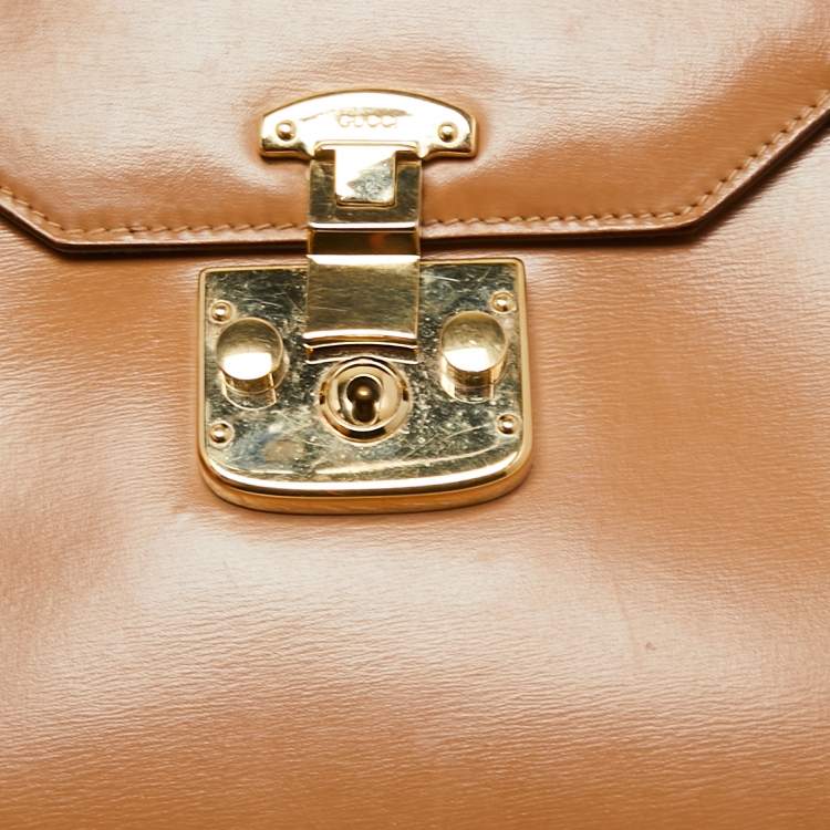 Pre Owned Gucci Brown Leather Vintage Kelly Rare Lady Lock Top Handle Bag