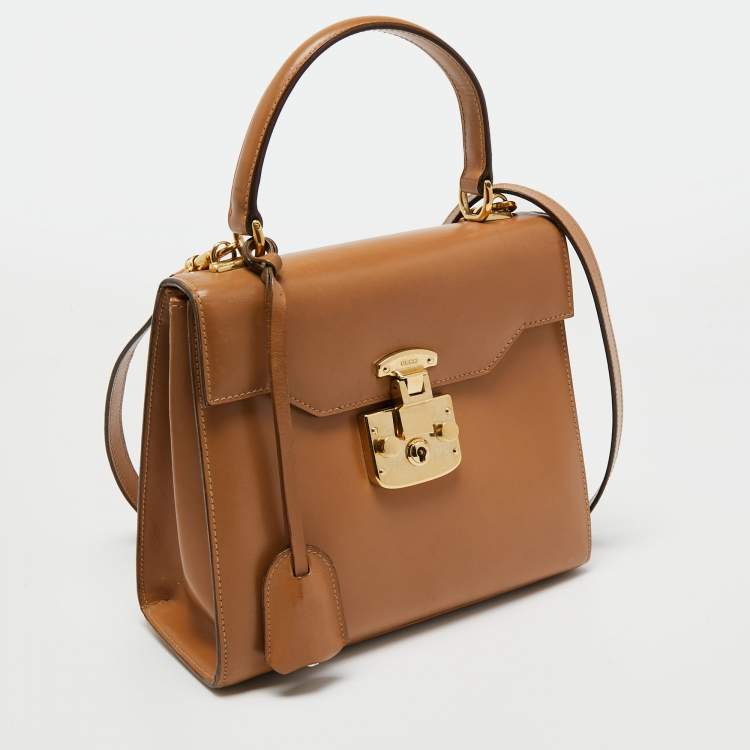 Pre Owned Gucci Brown Leather Vintage Kelly Rare Lady Lock Top Handle Bag