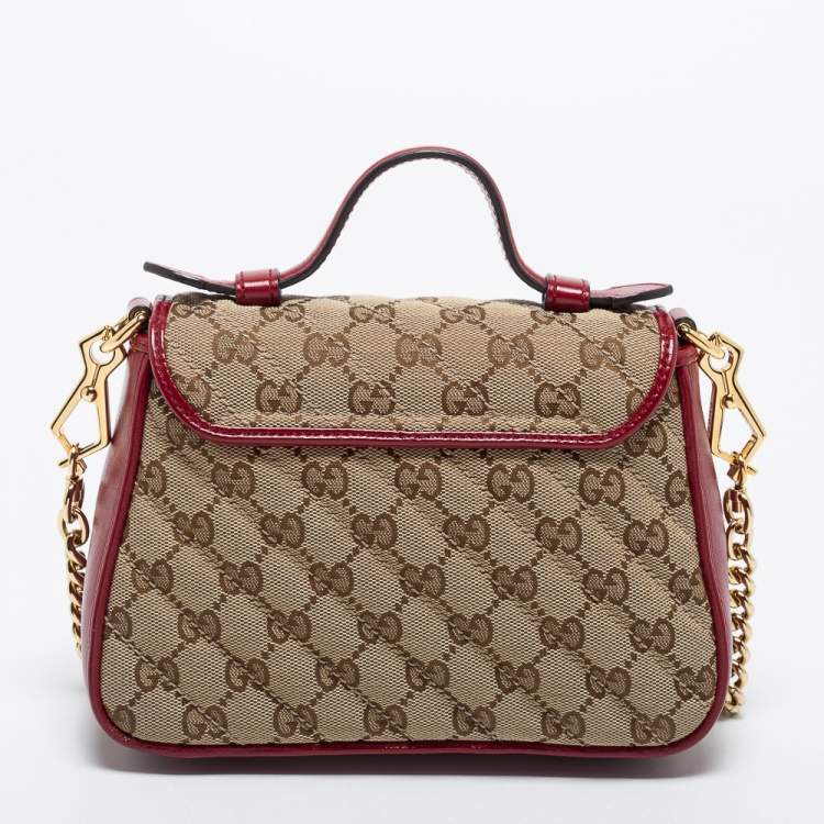 Pre Owned Gucci Beige/Red GG Canvas and Leather Mini GG Marmont Top Handle Bag