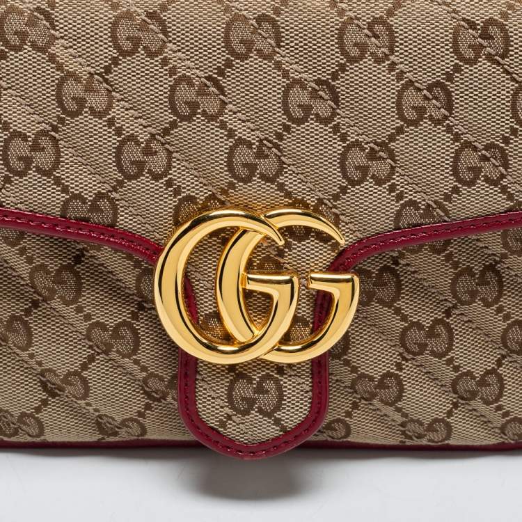 Pre Owned Gucci Beige/Red GG Canvas and Leather Mini GG Marmont Top Handle Bag