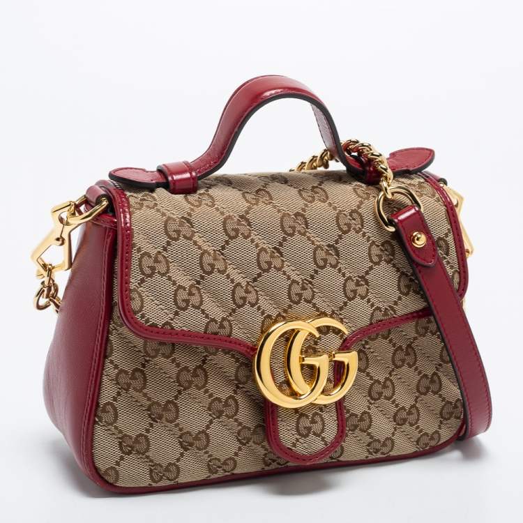 Pre Owned Gucci Beige/Red GG Canvas and Leather Mini GG Marmont Top Handle Bag