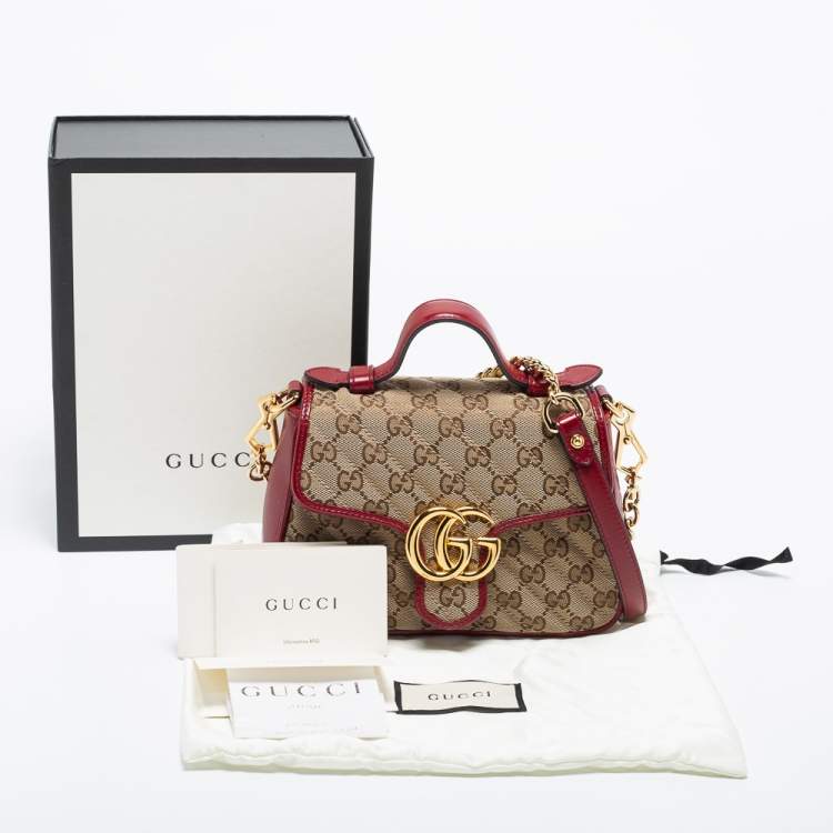 Pre Owned Gucci Beige/Red GG Canvas and Leather Mini GG Marmont Top Handle Bag
