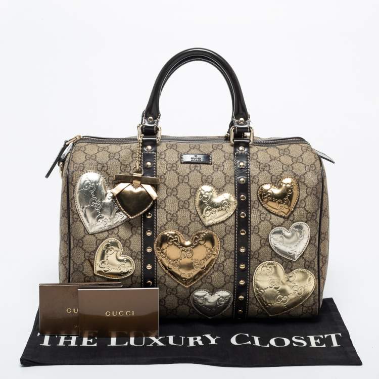 Pre Owned Gucci Beige/Dark Brown GG Supreme Canvas and Leather Medium Hearts Joy Boston Bag