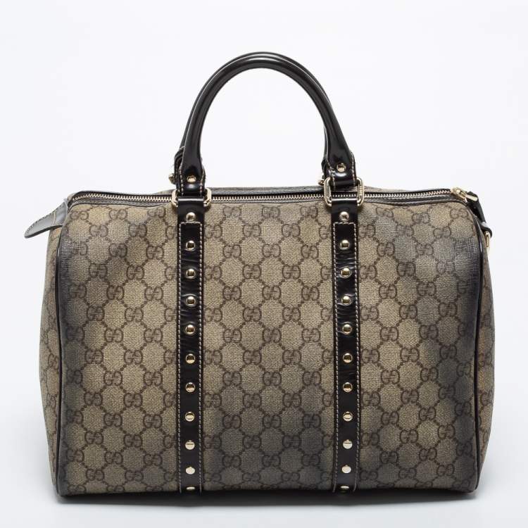 Pre Owned Gucci Beige/Dark Brown GG Supreme Canvas and Leather Medium Hearts Joy Boston Bag