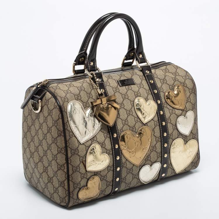 Pre Owned Gucci Beige/Dark Brown GG Supreme Canvas and Leather Medium Hearts Joy Boston Bag