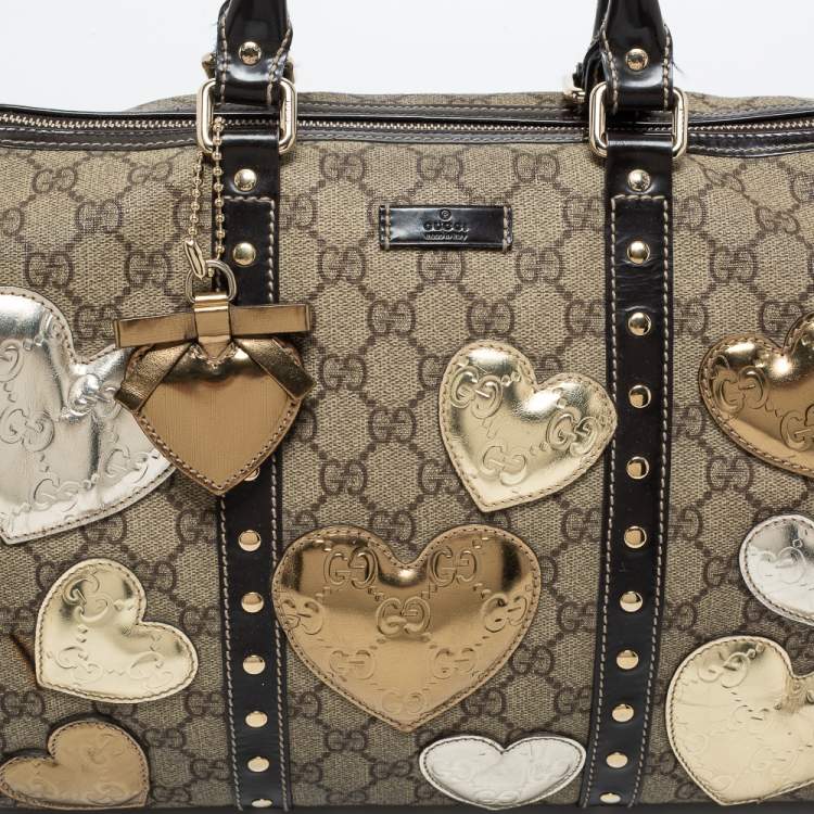 Pre Owned Gucci Beige/Dark Brown GG Supreme Canvas and Leather Medium Hearts Joy Boston Bag