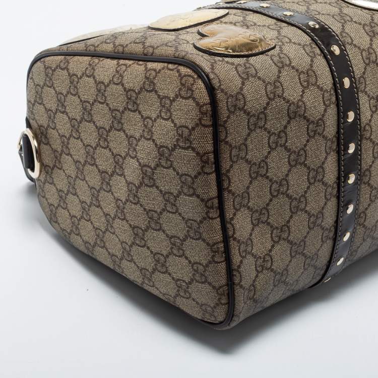 Pre Owned Gucci Beige/Dark Brown GG Supreme Canvas and Leather Medium Hearts Joy Boston Bag