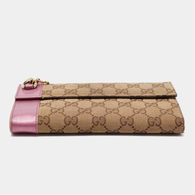 Pre Owned Gucci Beige/Metallic Pink Guccisima Canvas and Leather Heart Charm Continental Wallet