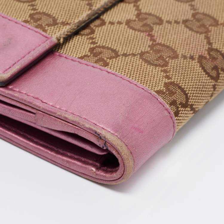 Pre Owned Gucci Beige/Metallic Pink Guccisima Canvas and Leather Heart Charm Continental Wallet