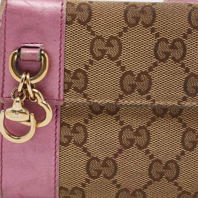 Pre Owned Gucci Beige/Metallic Pink Guccisima Canvas and Leather Heart Charm Continental Wallet