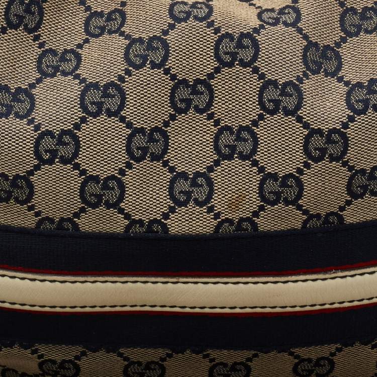 Pre Owned Gucci Blue/Off White Web Guccissima Canvas and Leather Hobo