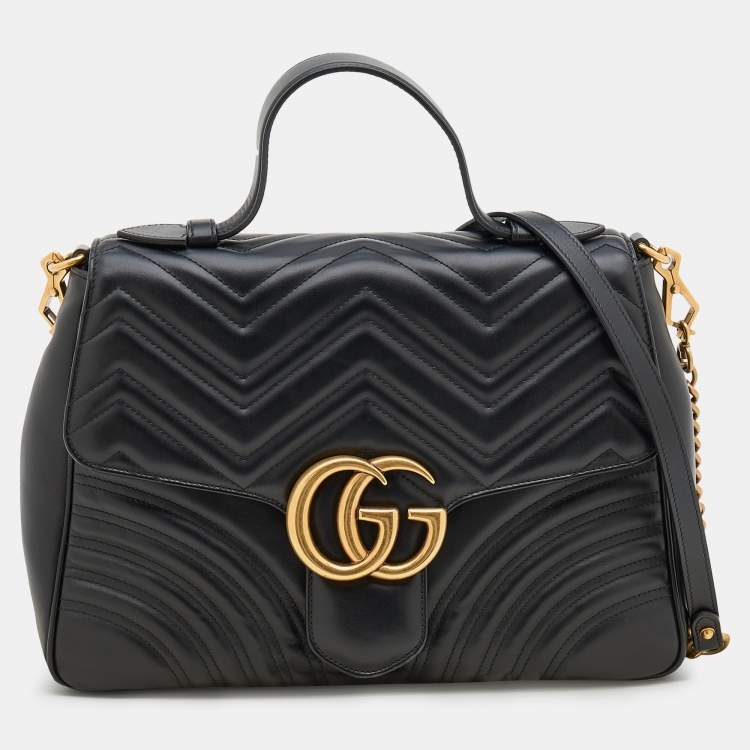 Pre Owned Gucci Black Leather Medium GG Marmont Top Handle Bag