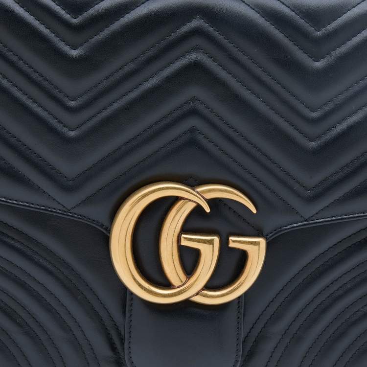Pre Owned Gucci Black Leather Medium GG Marmont Top Handle Bag