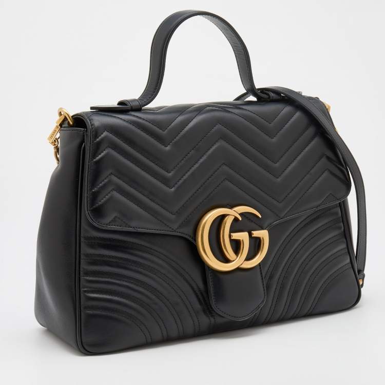 Pre Owned Gucci Black Leather Medium GG Marmont Top Handle Bag