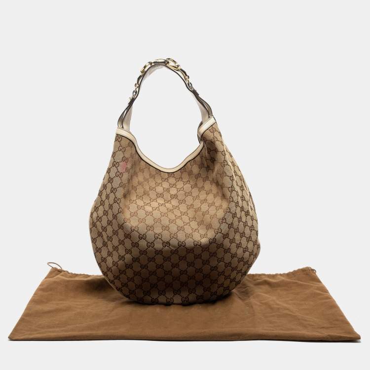 Pre Owned Gucci Beige/Off White GG Canvas and Leather Horsebit Catena Hobo 