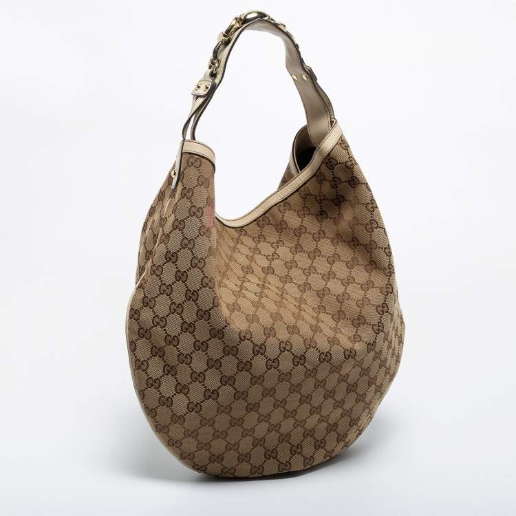 Pre Owned Gucci Beige/Off White GG Canvas and Leather Horsebit Catena Hobo 