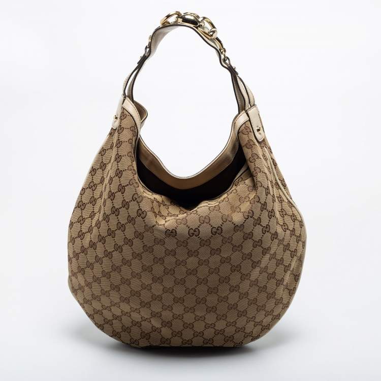 Pre Owned Gucci Beige/Off White GG Canvas and Leather Horsebit Catena Hobo 
