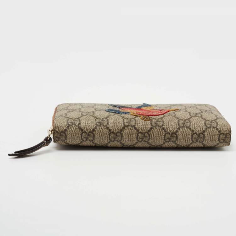 Pre Owned Gucci Beige GG Supreme Canvas Bird Embroidered Zip Around Wallet