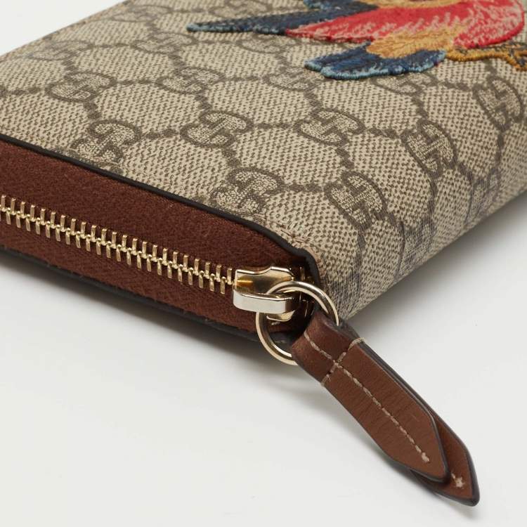 Pre Owned Gucci Beige GG Supreme Canvas Bird Embroidered Zip Around Wallet