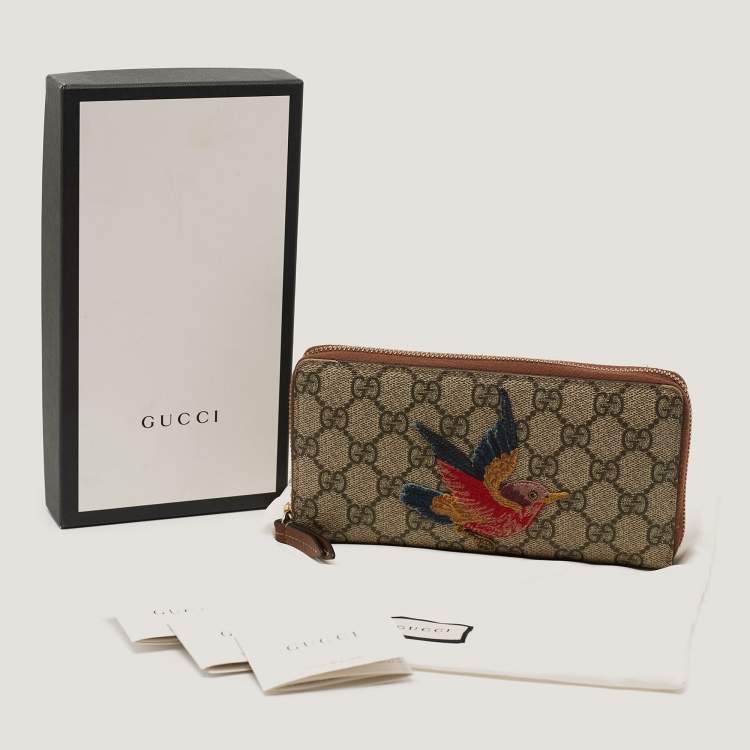 Pre Owned Gucci Beige GG Supreme Canvas Bird Embroidered Zip Around Wallet