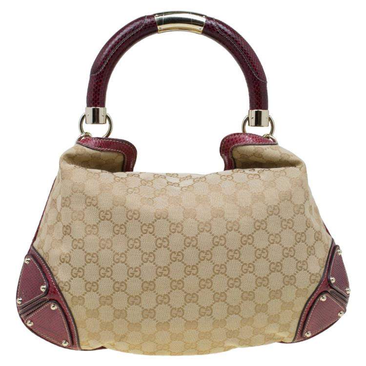 Pre Owned Gucci Beige/Red GG Canvas and Python Medium Indy Top Handle Bag