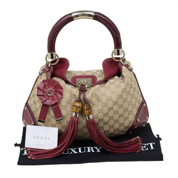 Pre Owned Gucci Beige/Red GG Canvas and Python Medium Indy Top Handle Bag