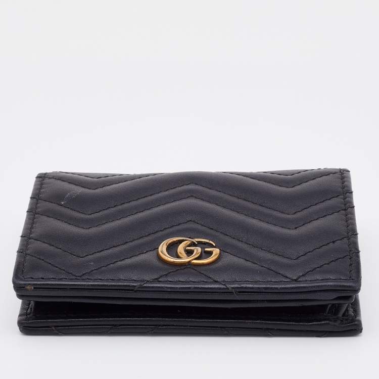 Pre Owned Gucci Black Matelassé Leather GG Marmont Card Case