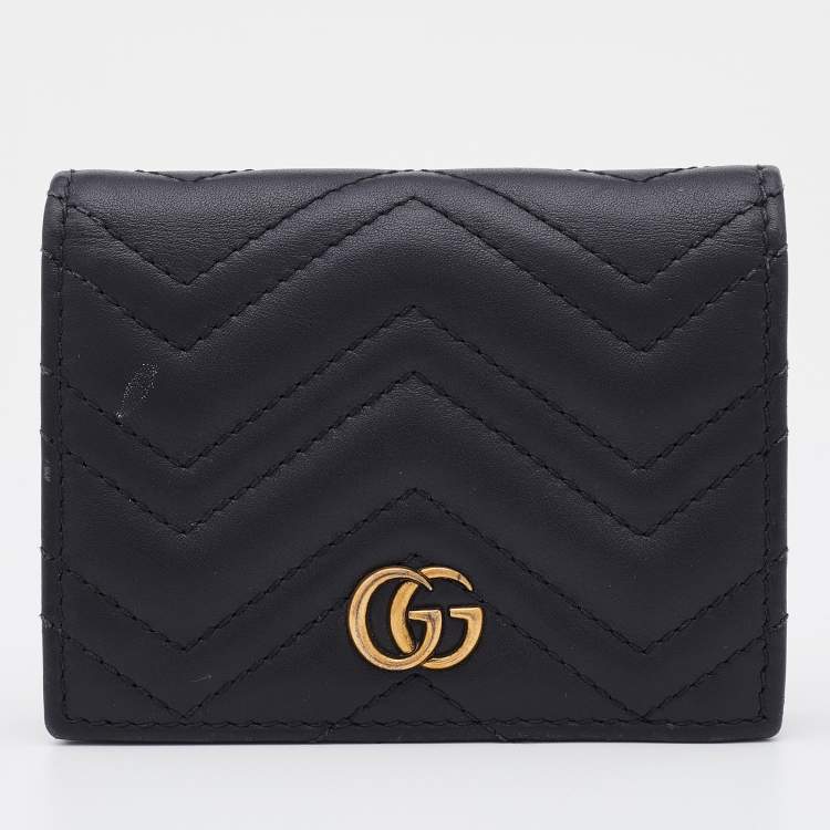 Pre Owned Gucci Black Matelassé Leather GG Marmont Card Case