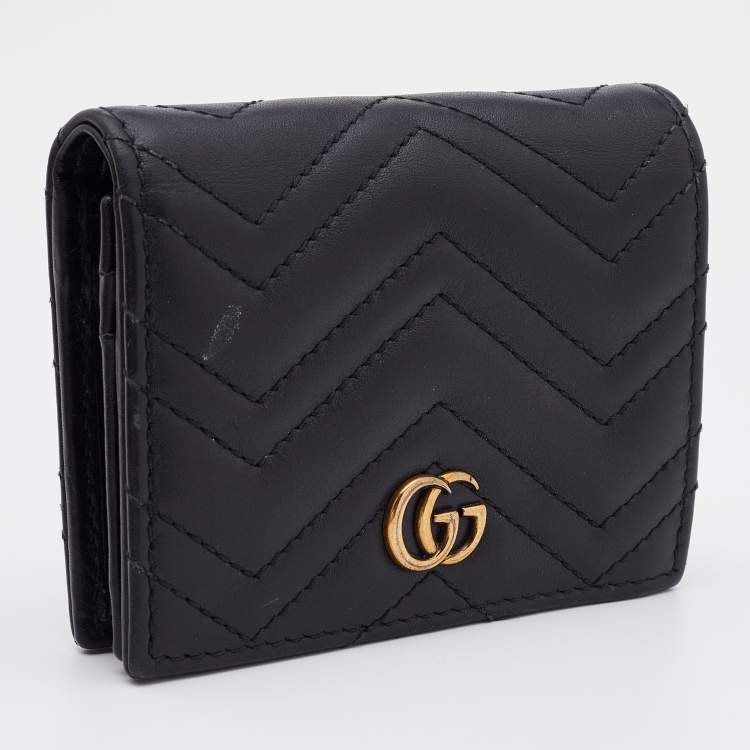 Pre Owned Gucci Black Matelassé Leather GG Marmont Card Case