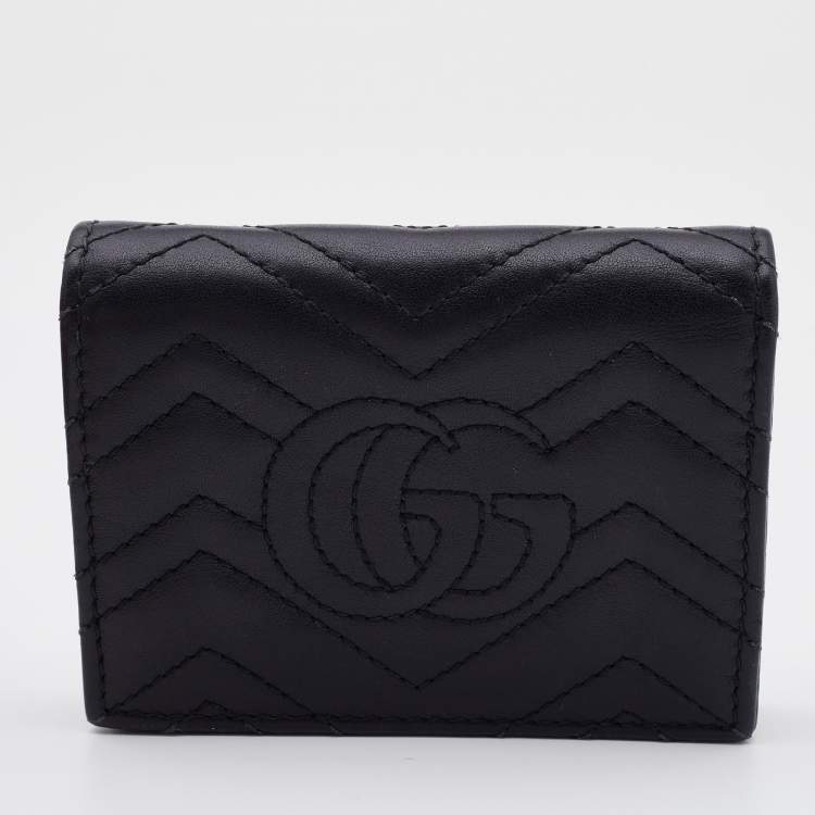 Pre Owned Gucci Black Matelassé Leather GG Marmont Card Case