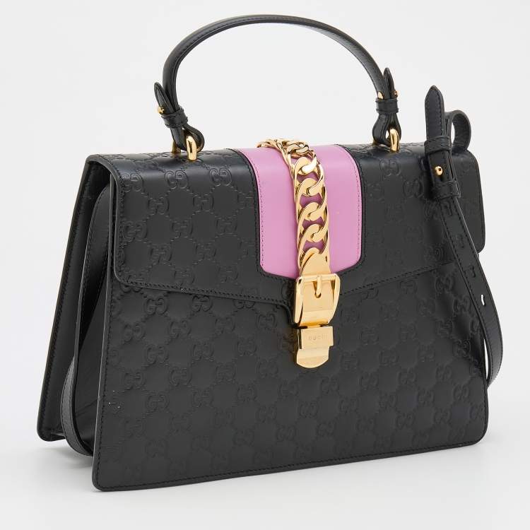 Pre Owned Gucci Black/Pink Guccissima Leather Medium Sylvie Top Handle Bag